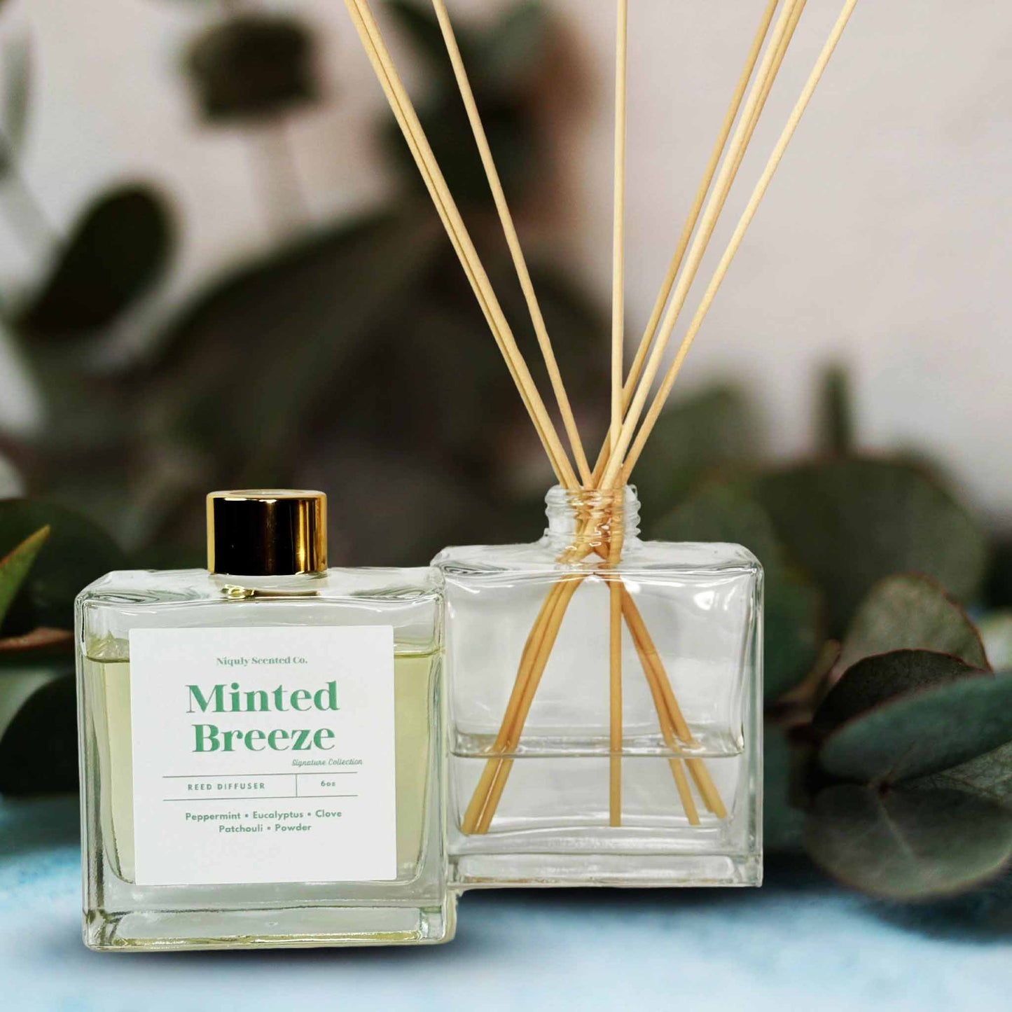 The Minted Breeze room spray delivers a crisp, energizing scent of fresh mint and cool air.