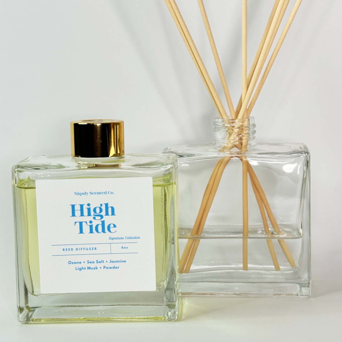 The HighTide reed diffuser fills the room with a refreshing, ocean-inspired scent.