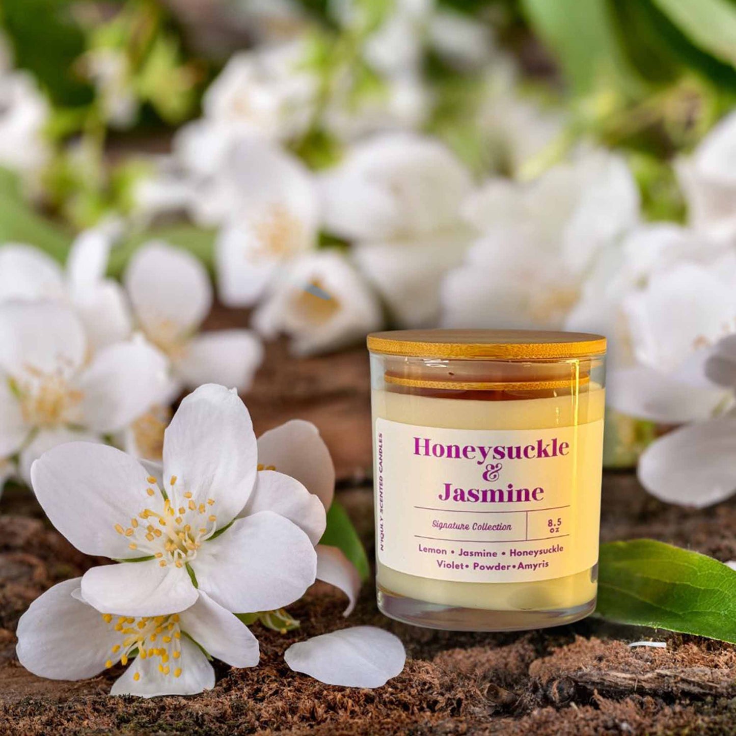Honeysuckle & Jasmine candle glowing with a sweet floral scent
