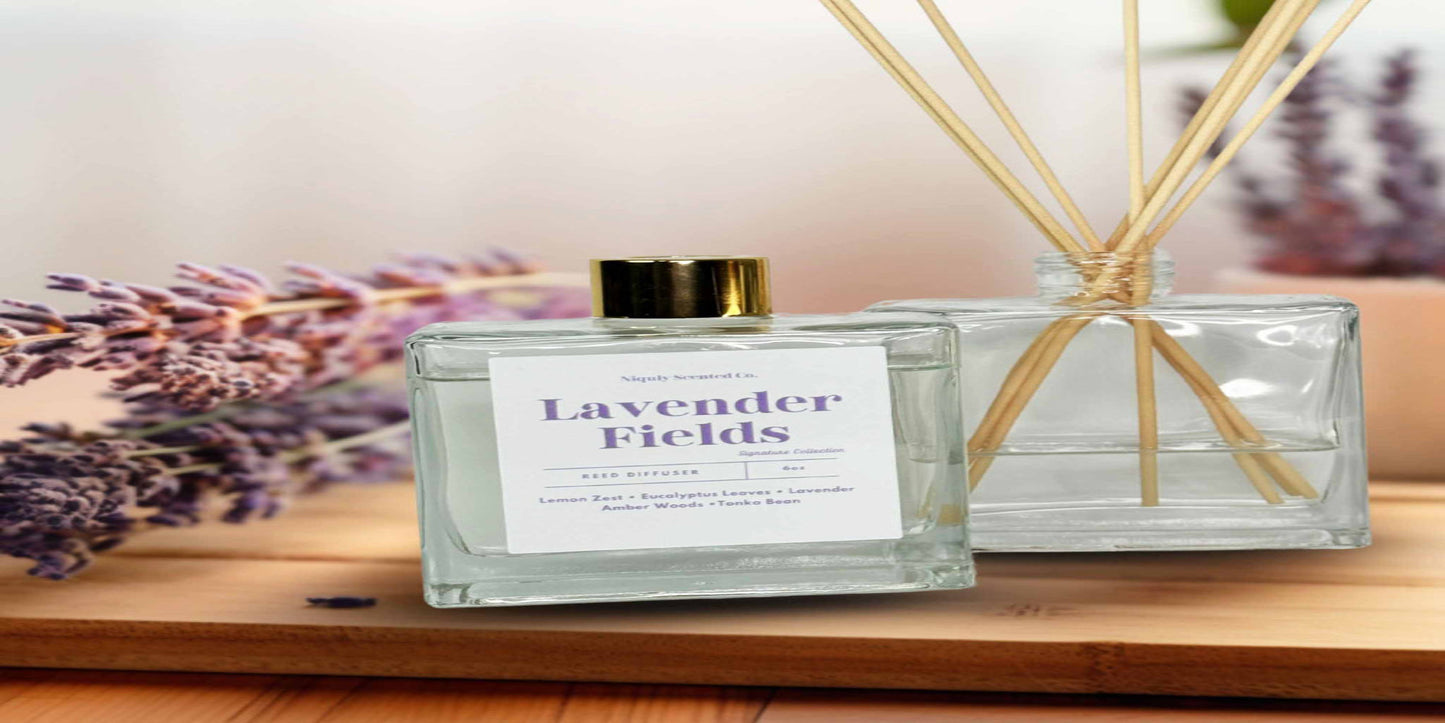 A soothing Lavender room spray that fills the space with a calming, floral fragrance.