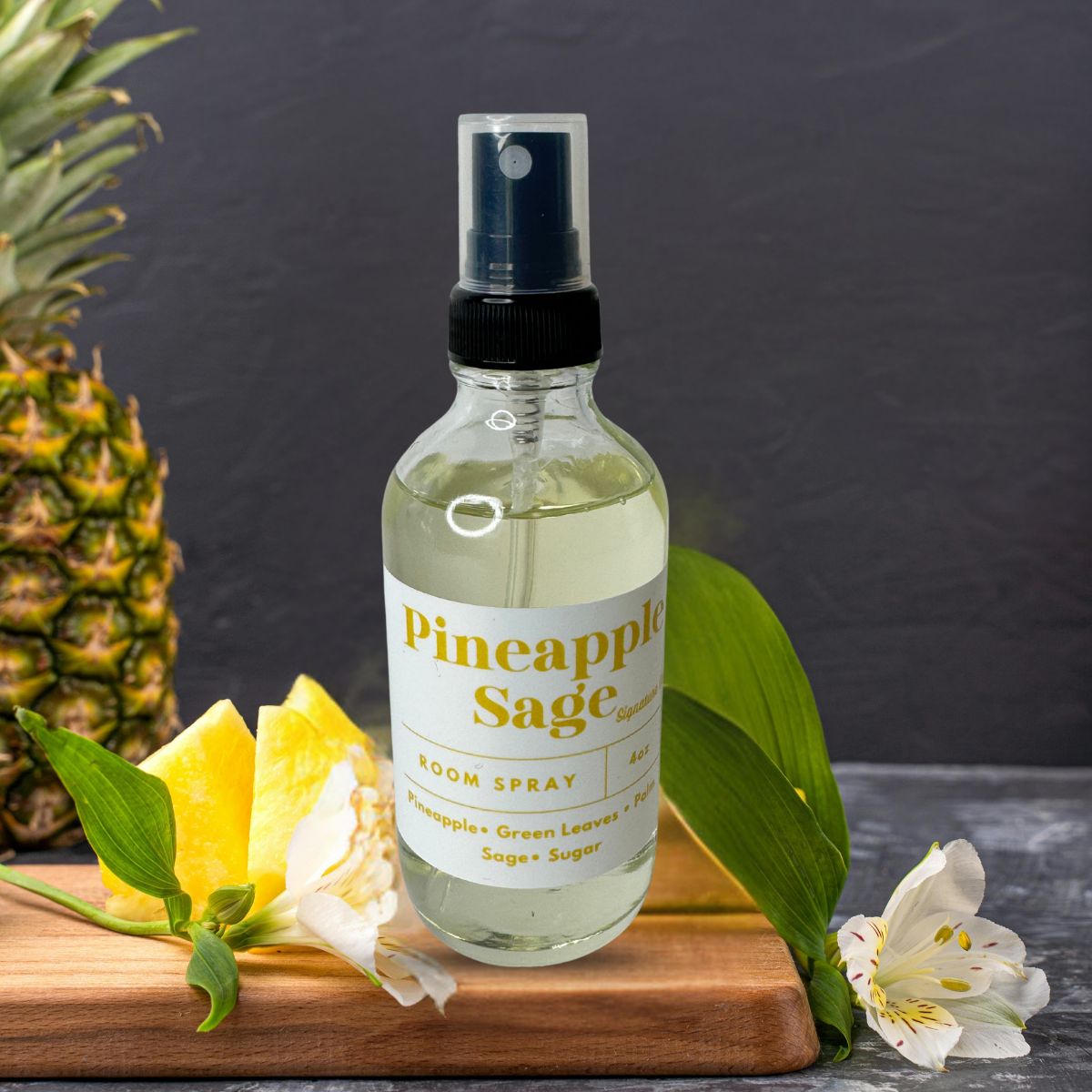 A tropical Pineapple room spray that infuses the space with a sweet, fruity fragrance.