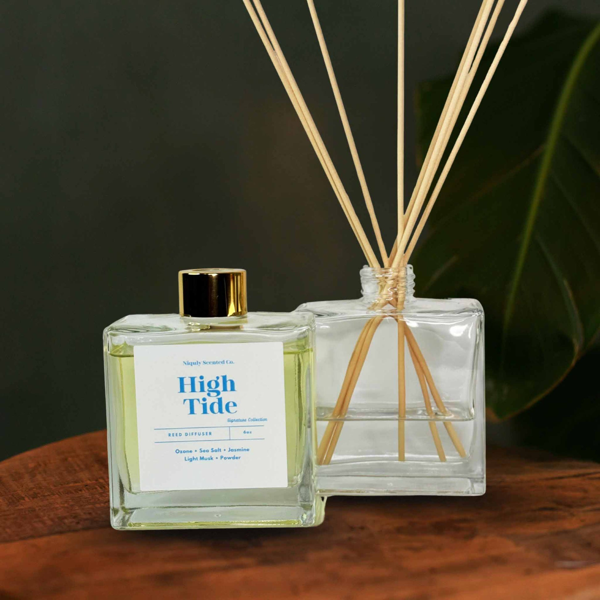 A crisp, sea breeze fragrance from the HighTide reed diffuser for a fresh atmosphere.