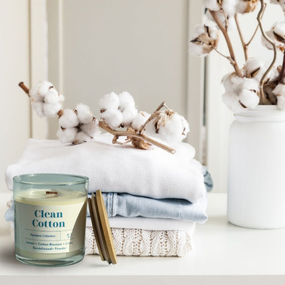 Clean cotton candle emitting a fresh, soothing scent