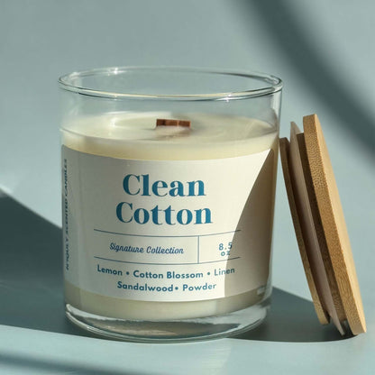 Clean cotton scented candle with a fresh, airy fragrance.
